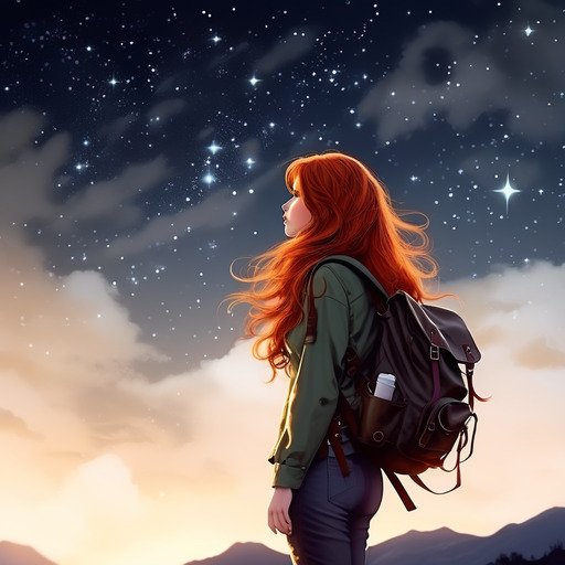 profile-of-a-sad-woman-with-long-red-hair-looking-at-the-stars-in-the-sky-full-body-image-with-a-b-753208331