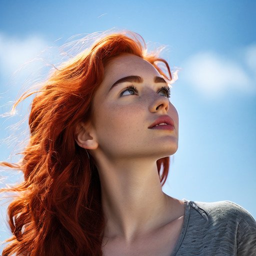 upper-body-of-a-young-woman-with-red-hair-who-is-looing-up-into-the-sky-620376689